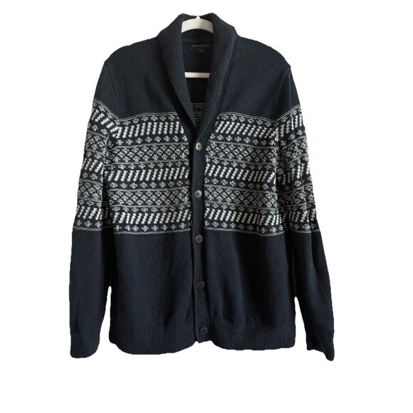 Banana Republic Men's Large Reverse Fair Isle Shawl Cardigan Sweater Dark Navy - Picture 1 of 9